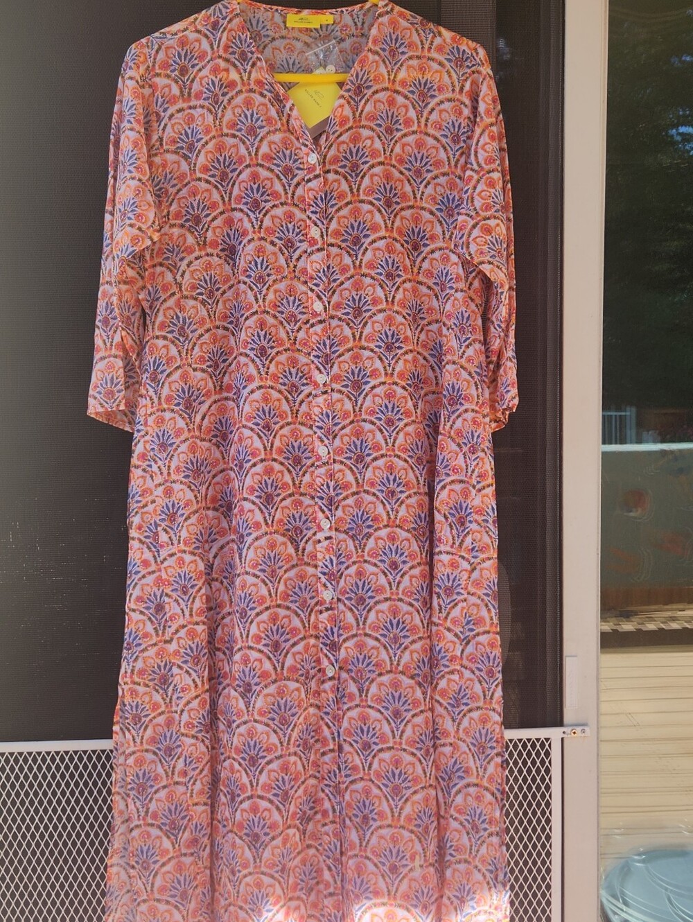 Roller Rabbit Coral and Blue Patterned V-Neck Maxi Dress / Comfy House Gown.